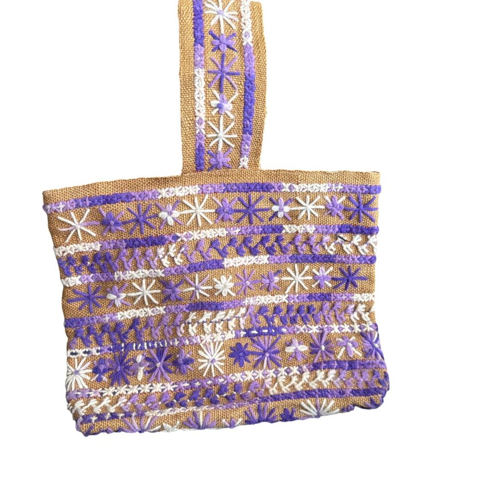 Handcrafted Vintage Tote Bag With Purple & White Embroidery